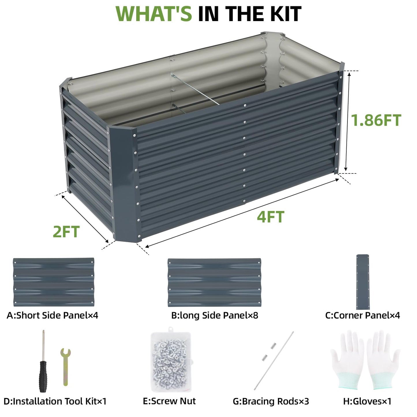 GoCampDirect 4x2x1.86ft Raised Garden Bed - Galvanized Deep Root Planter Boxes Outdoor with Wing Nuts and Safety Edges for Gardening Vegetables, Flowers, Herbs, Succulents - Gray