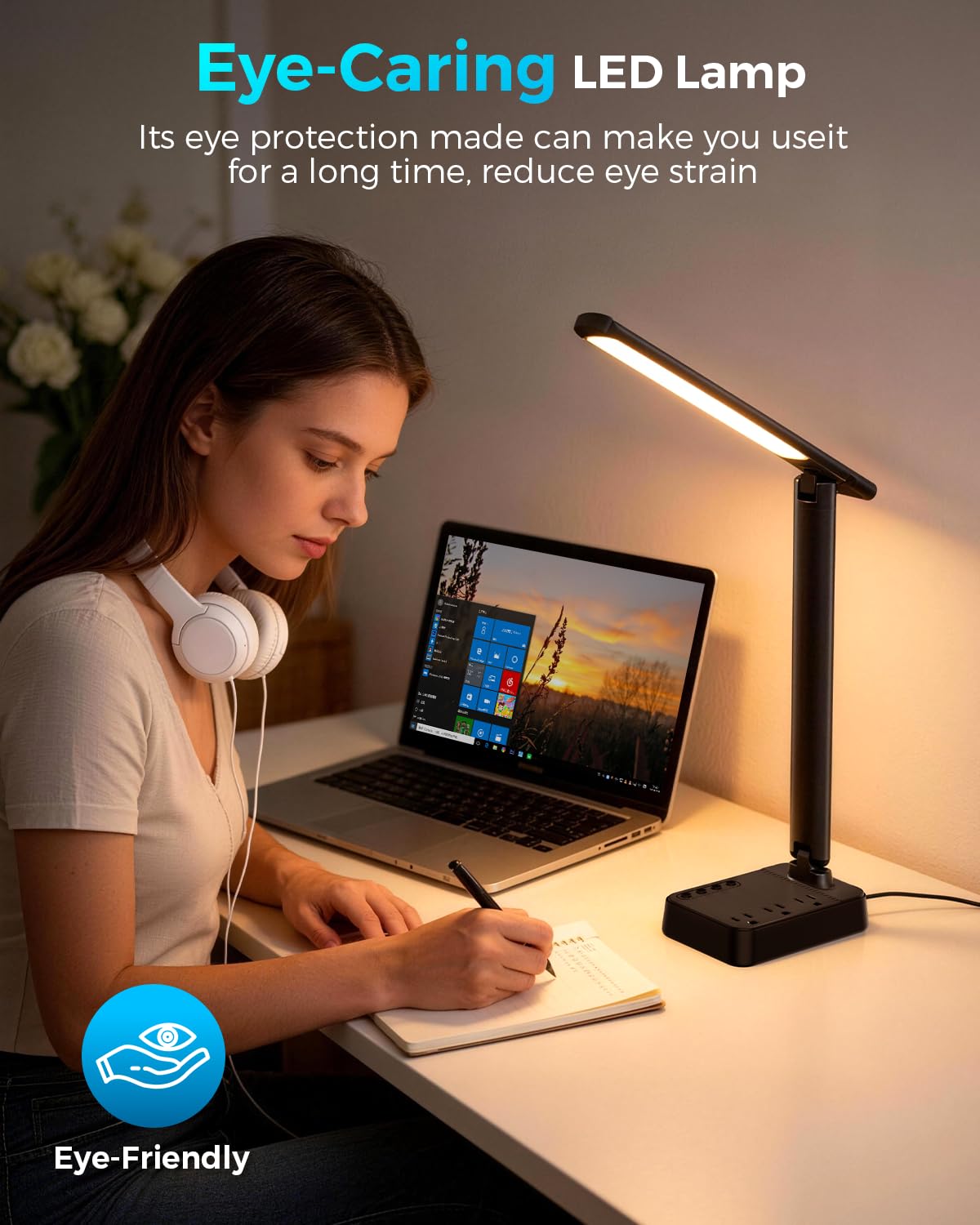 LED Desk Lamp with Power Strip, 3 AC Outlets & 4 USB Ports (2 USB-C), Stepless Dimming & 2800K-6500K Eye-Caring Desk Light, Foldable Table Lamp with 5FT Cord for Home Office, Dorm Room Essentials