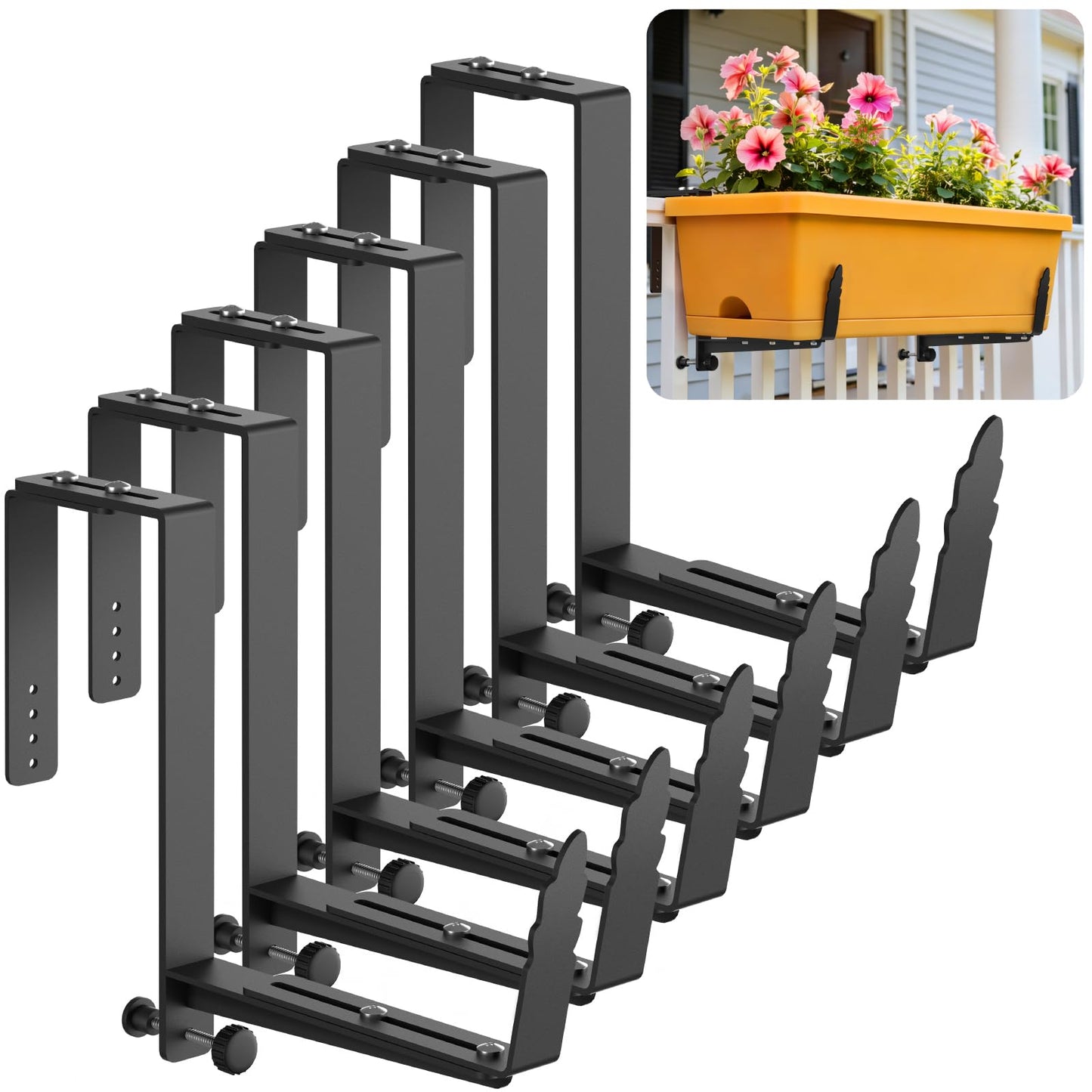 Window Box Brackets, Adjustable Planter Box Brackets, Heavy Duty Iron Flower Box Bracket for Deck Railing with Upgraded Bottom Support - Ideal for Balconies, Fences, and Gardens (6 Pack)