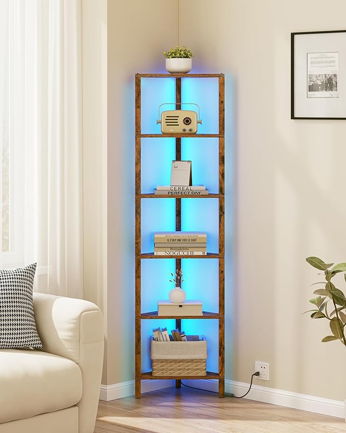 TUTOTAK Corner Shelf with LED Light, 6-Tier Corner Bookshelf