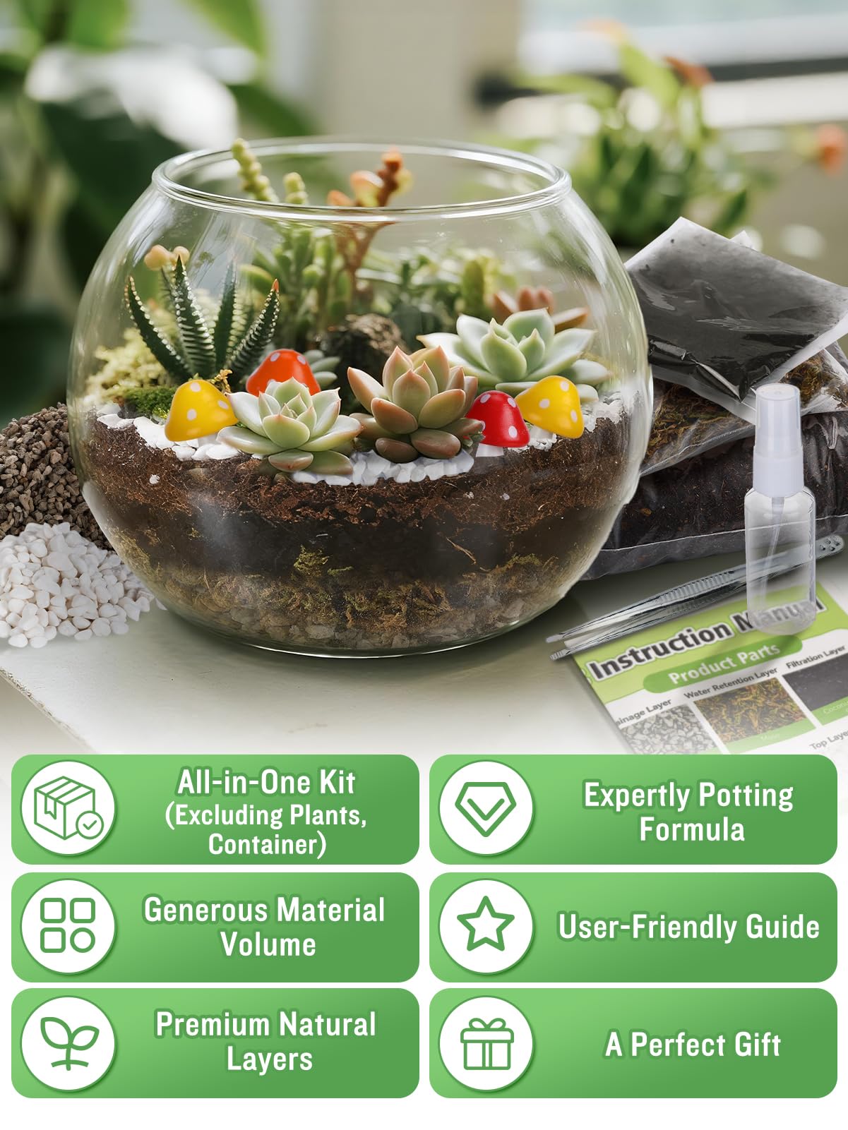 Terrarium Kit Adults - Includes Pumice, Moss, Soil, Pebbles, Charcoal, 2 Tools, Mushroom Ornaments for Succulent Cactus, Terrarium Accessories Decor Gifts for Starter Women