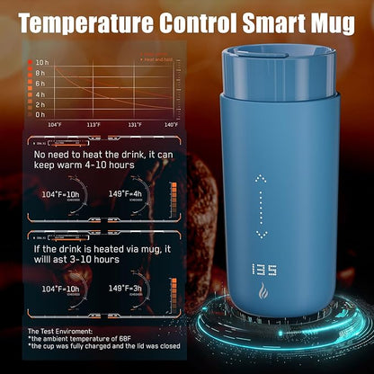 Temperature Control Heated Coffee Mug Smart Self Heating Travel Mug 12 Oz App Controlled Warmer Mug 4-10 Hour LED Display Keep Coffee Hot Fast Wireless Charger Base Lake Blue