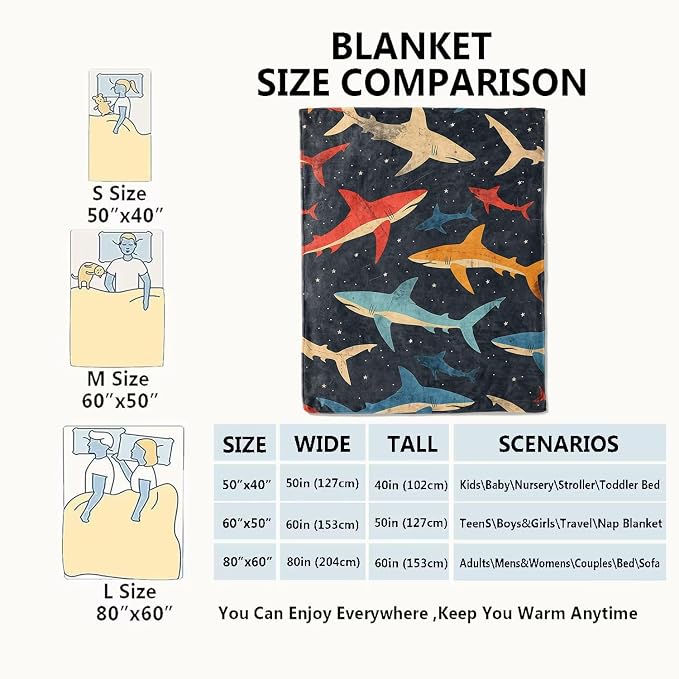Shark Blanket Vibrant Sharks Dark Throw Blankets,Birthday Gifts for Girls Boys Women & Ocean Lovers,Lightweight Soft Fleece,for Sofa Couch Bed Room Sea Life Decor 60x80in