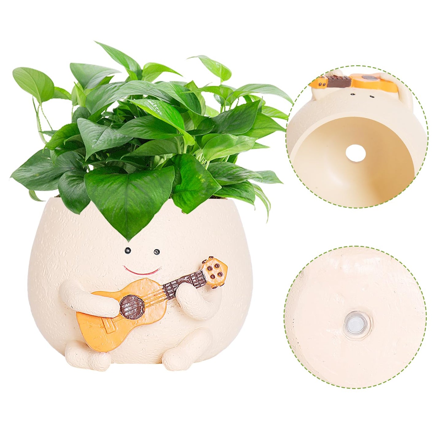 QIAOLY Planter Pot with Drainage Hole Cute Resin Head Planters for String of Pearls Plant Live Unique Guitar Succulent Pots for Indoor Outdoor Plants Gift IdeaI for Christmas (Large)