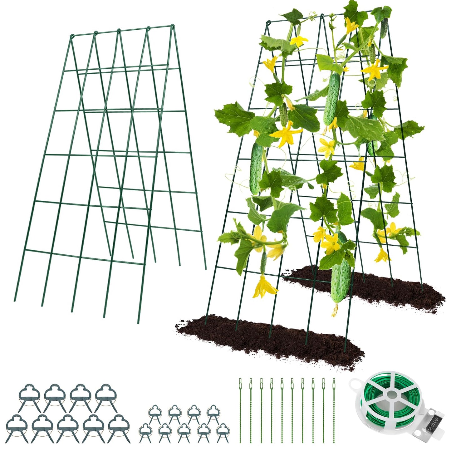Cucumber Trellis for Raised Bed, Rifny 16.5 x 40 Inch Metal Trellis for Climbing Plants Outdoor with Plant Clips Twist Ties, Garden Plant A-Frame Trellis for Vegetable Pea Tomato (Green, 2 PCS)