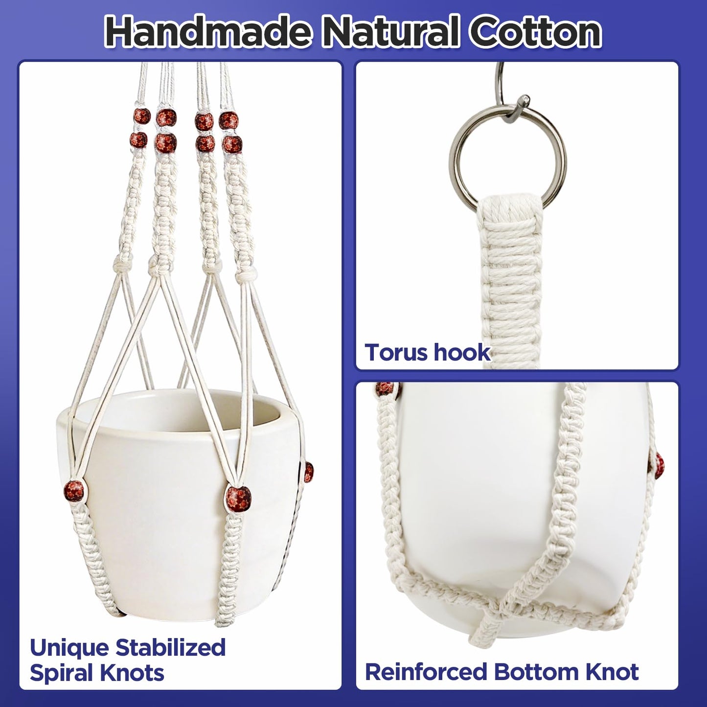 CollectHall 2 Pack Macrame Plant Hanger with Drop Ceiling Hooks, Hanging Planter with Wooden Bead, No Tassels for Indoor Outdoor Boho Office Classroom Decor, 35 Inches (Pots Not Included)