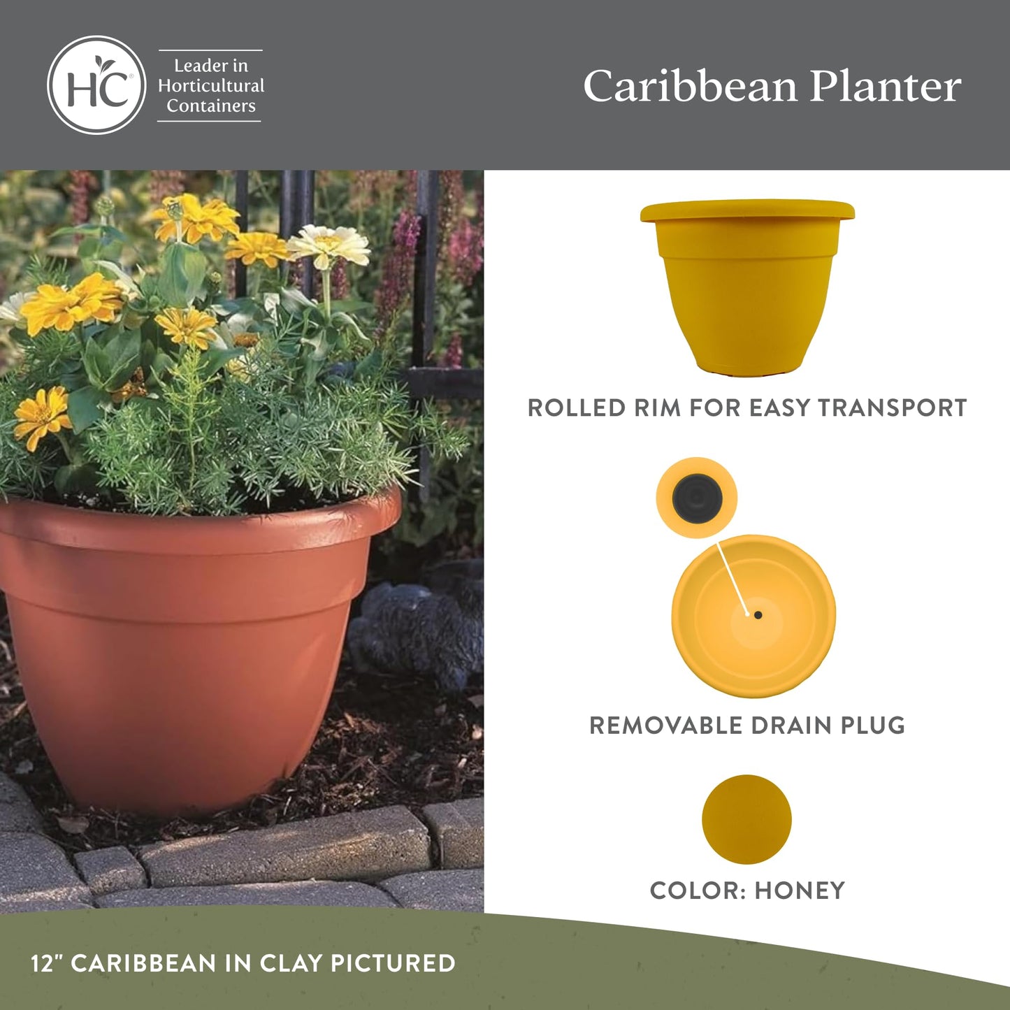 The HC Companies Caribbean Planter Pot - Outdoor & Indoor Plant Pot with Drainage Hole & Plug - Rolled Rim Plastic Pots for Plants & Flowers - Decorative Plant Pot (14" Honey, Pack of 1)