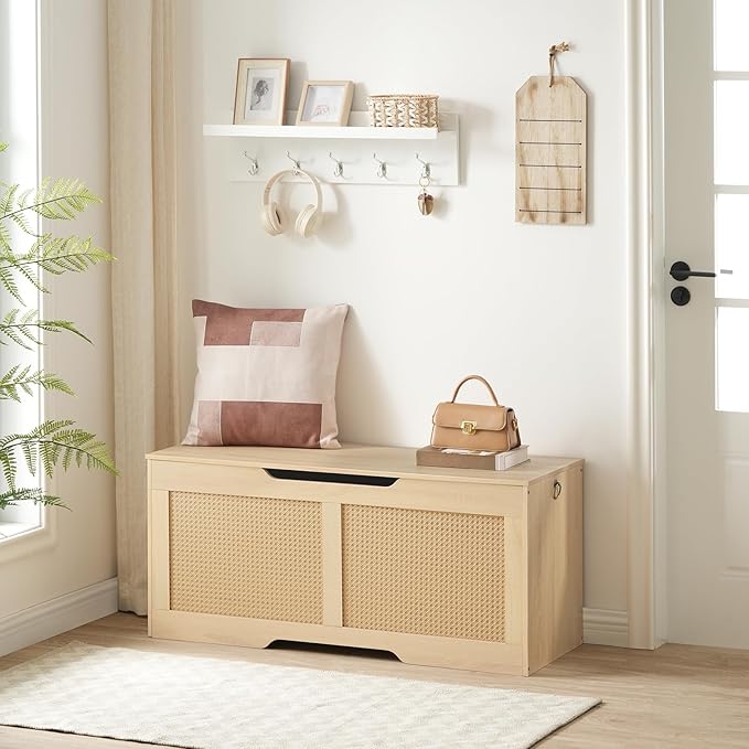 HOOBRO Storage Bench, 43.3" Toy Box, Rattan-Like Storage Chest, Sturdy Entryway