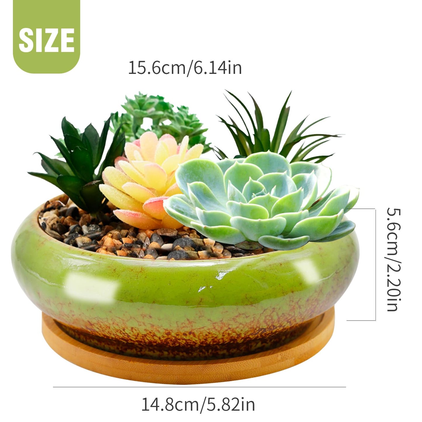 LIDSCURA 7.4 inch Ceramic Bonsai Pots with Trays Shallow Planters, Succulent Planters with Drainage Hole, Round Large Shallow Pots, Bonsai Pots Garden Decorative Cactus Stand Flower Container (Green)