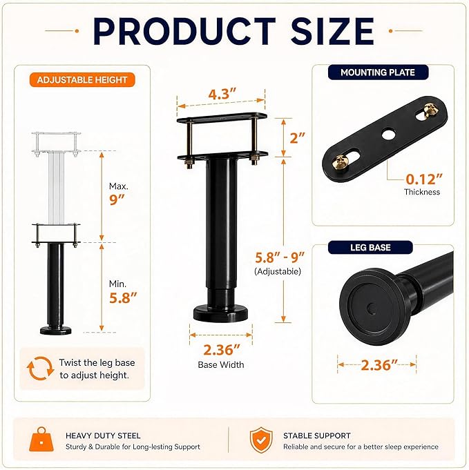 6Pcs Bed Frame Support Leg, Adjustable Height 5.8"-9", Extra Sturdy Steel Bed