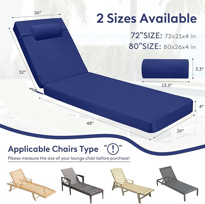 Chaise Lounge Cushion for Outdoor Furniture, Waterproof, Fade-Resistant and