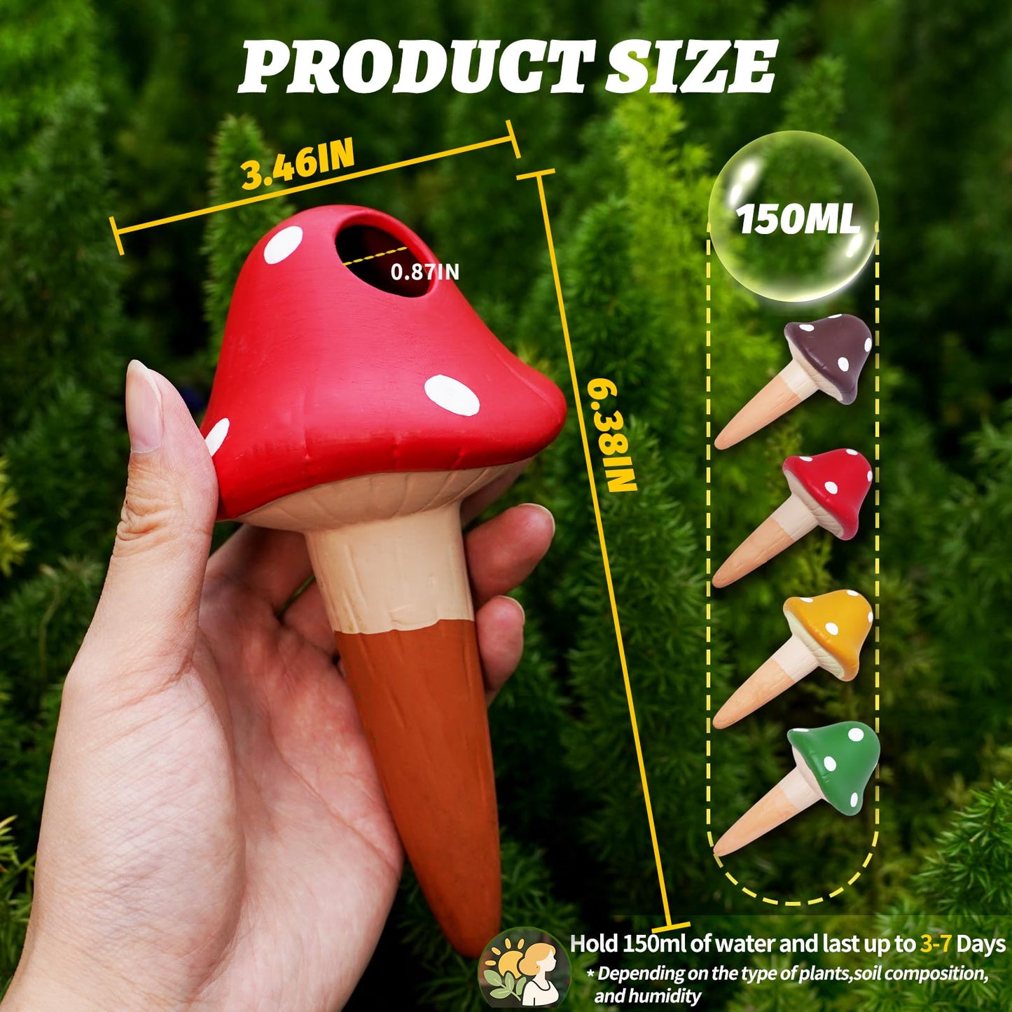 SUNGARDERY Terracotta Self Watering Spikes, 4 Pack Mushroom Self Watering Planter Insert, Vacation Plant Slow Release Watering Devices for Indoor Outdoor Plants, Colorful Large Water Globes