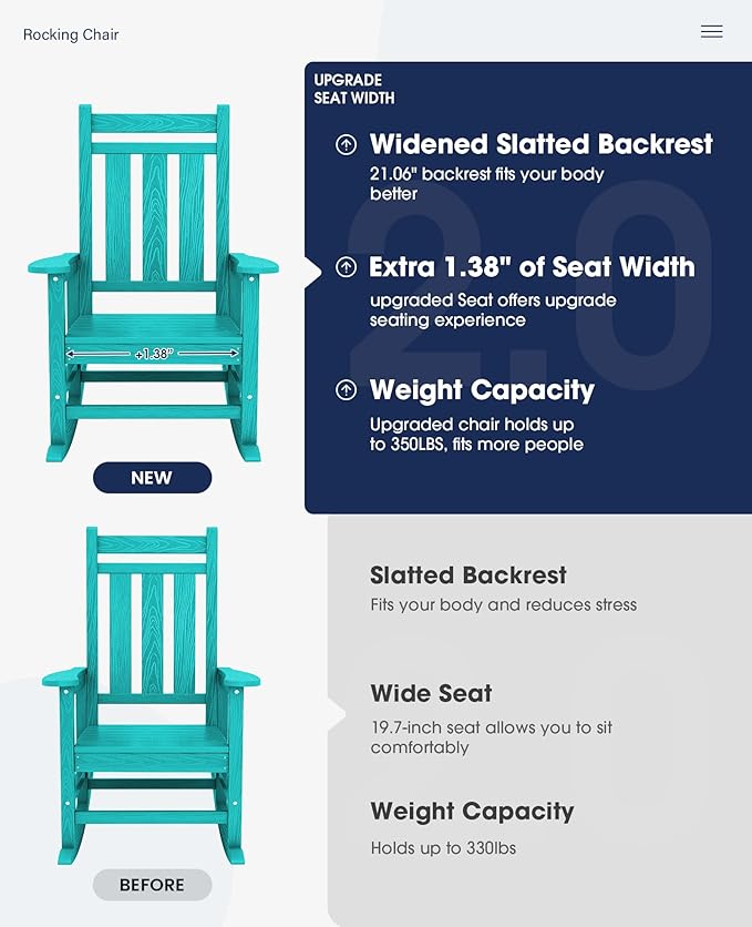 KINGYES Oversized Outdoor Rocking Chair Set of 2, All-Weather Patio Rocking