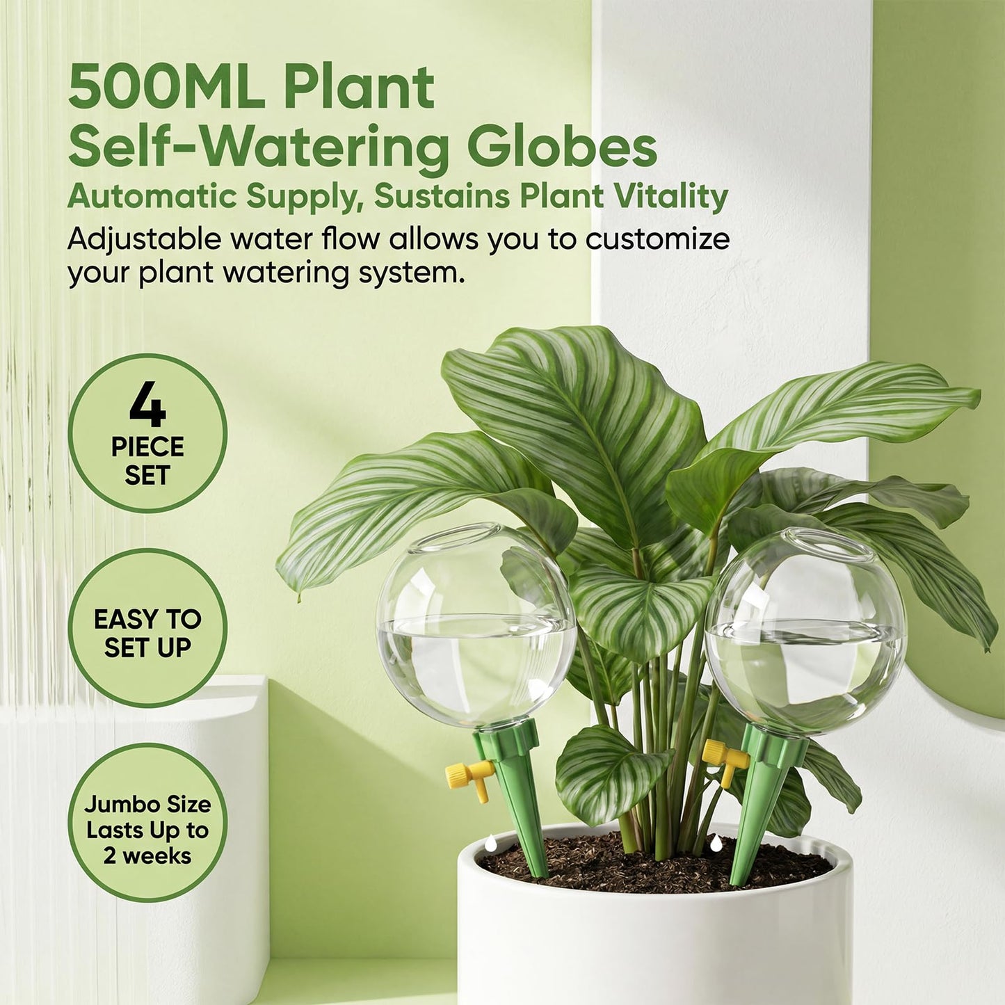 4-Pack 17.5oz Self Watering Globes with Covers – Automatic Plant Watering Bulbs, Slow-Release Irrigation Spikes for Indoor/Outdoor Potted Plants, Vacation Watering System, Top-Fill, Fits Most Pots