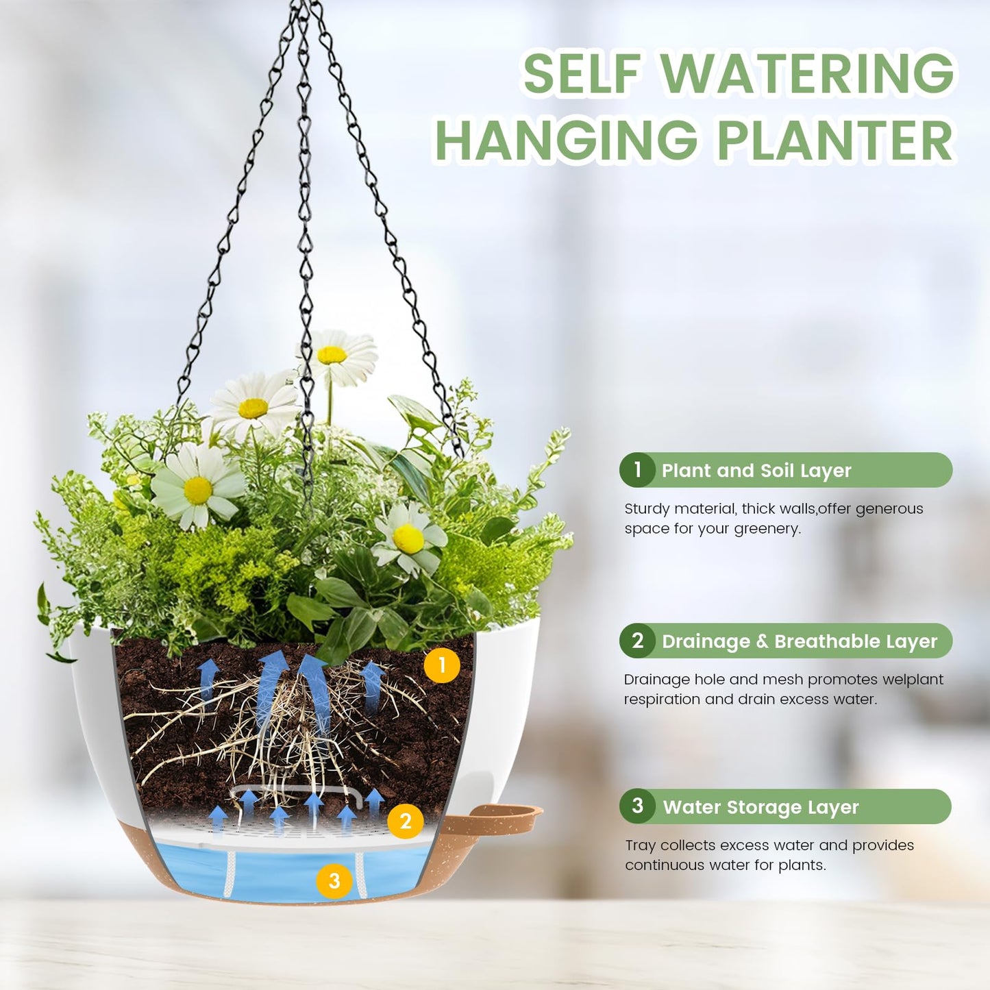 3 Pack 10 Hanging Flower Pots with Chains Self Watering Plastic Planters for Indoor Outdoor Plants, Sturdy Triangular Iron Chain Design for Garden PorchPlastic hanging flower pots (3, White-brown)