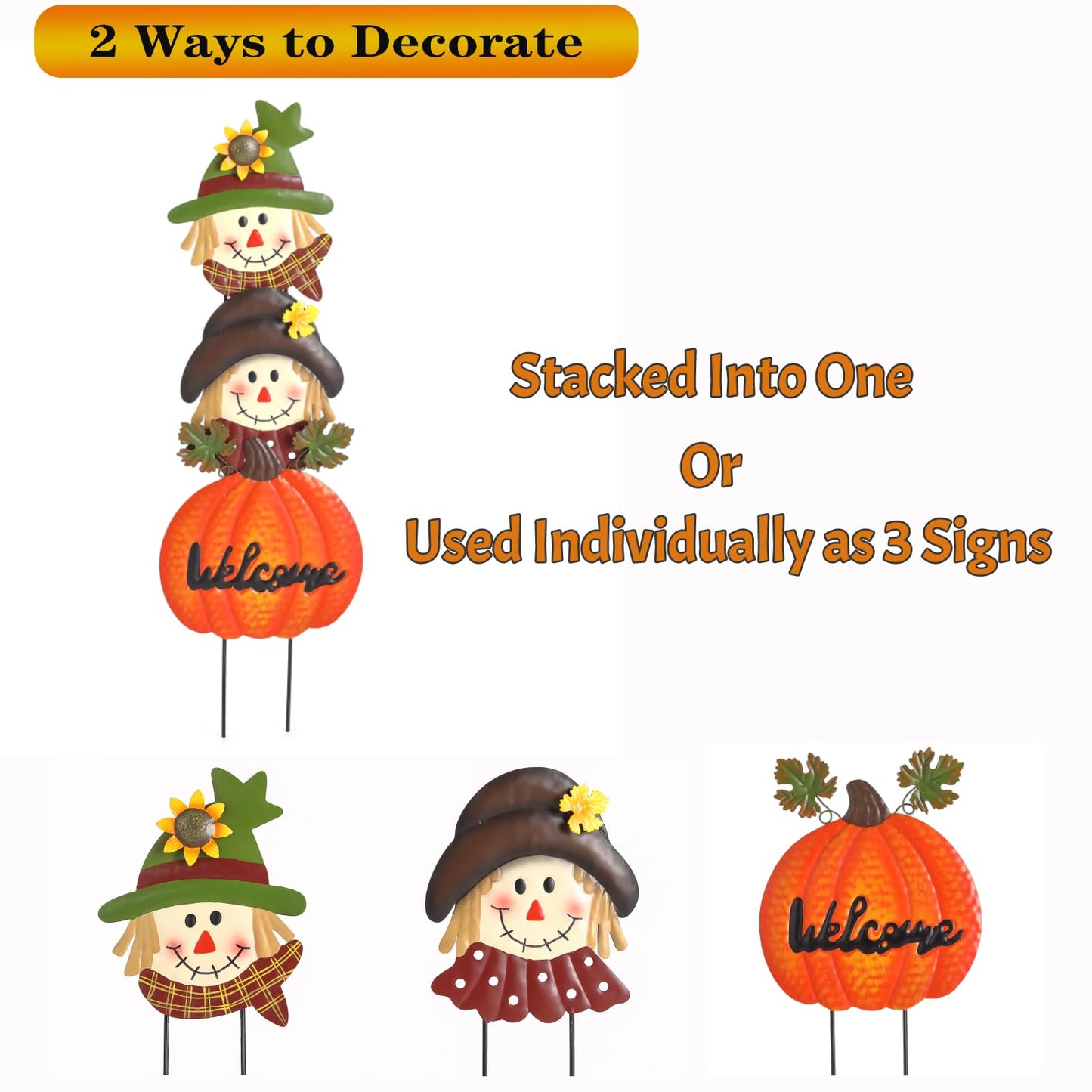 Fall Decorations for Home Outdoor, Metal Stacked Scarecrow & Pumpkin Yard Stakes, Welcome Sign Garden Stakes, Metal Yard Signs for Garden Lawn Patio Halloween/Thanksgiving Decor