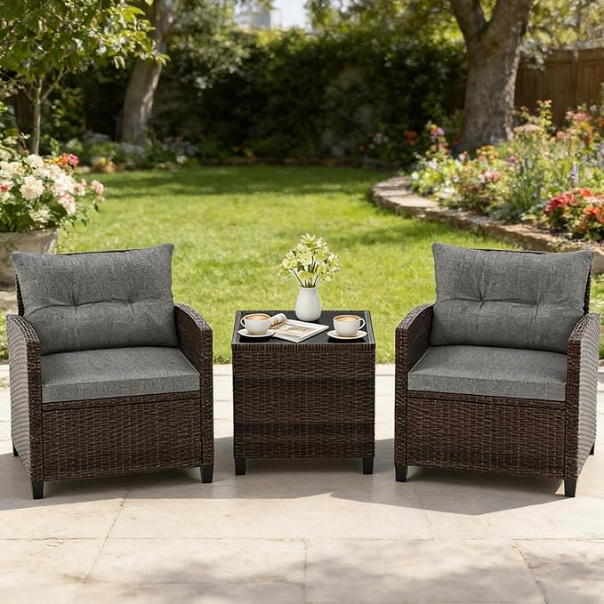 COSTWAY 3PCS Patio Furniture Set, PE Rattan Wicker Sofa w/Washable Cushion and