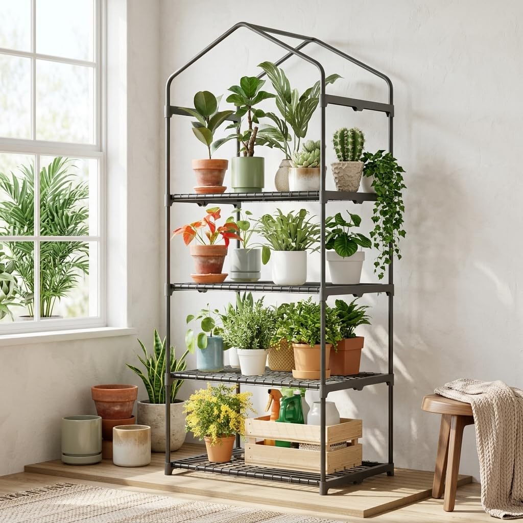 Superlele Mini Greenhouse, Plant Stand for Indoor Outdoor, 27x19x62-Inch Plant Greenhouse, 4 Tier Plant Shelf with Durable PE Mesh Cover, Portable Greenhouse for Seeding, Gardening Gifts