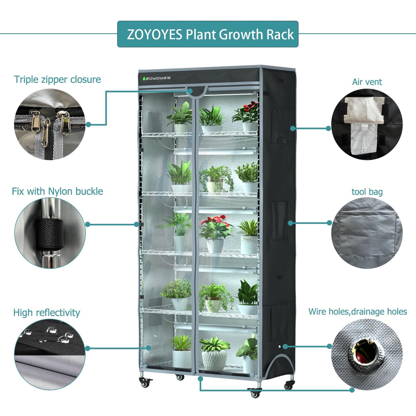 Indoor Greenhouse 6-Tier Plant Stand with Grow Lights, Fully Covered, Thermometer & Timer | 5 Sets T8 Lights, Perfect for Seedlings & Flowering, 30" W x 14" D x 72" H