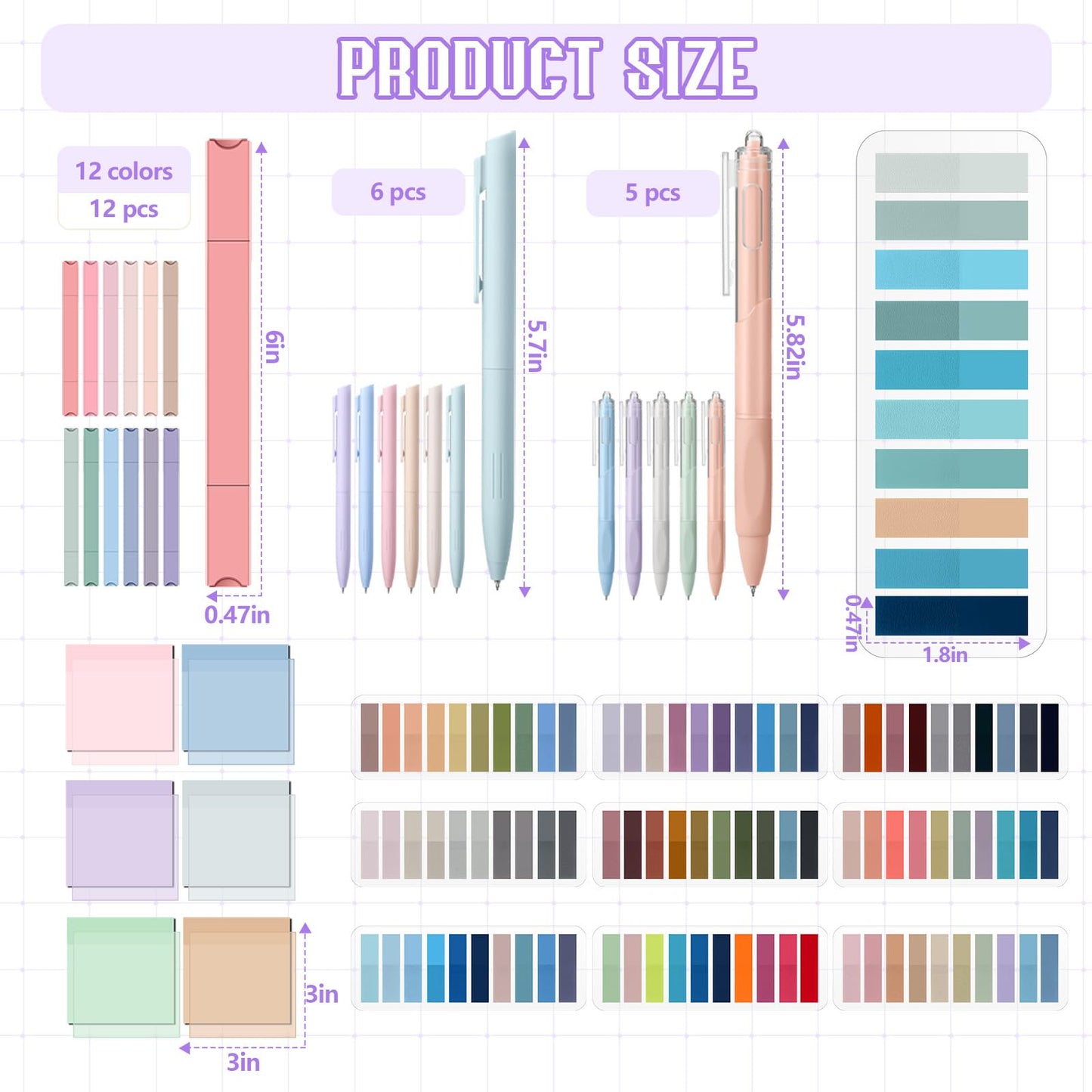 Trandraft 135 Pcs Book Annotation Kit Aesthetic Pencil Case Bag 12 Highlighter 11 Gel Pen 1 Marker 300 Sheet Transparent Sticky Notes Pad 2640 Index Stickers Bible Study Supplies(Kawaii,Purple)