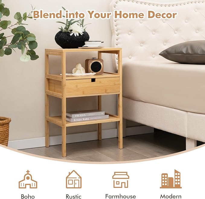 Giantex Bamboo Nightstand, Wood Side Table