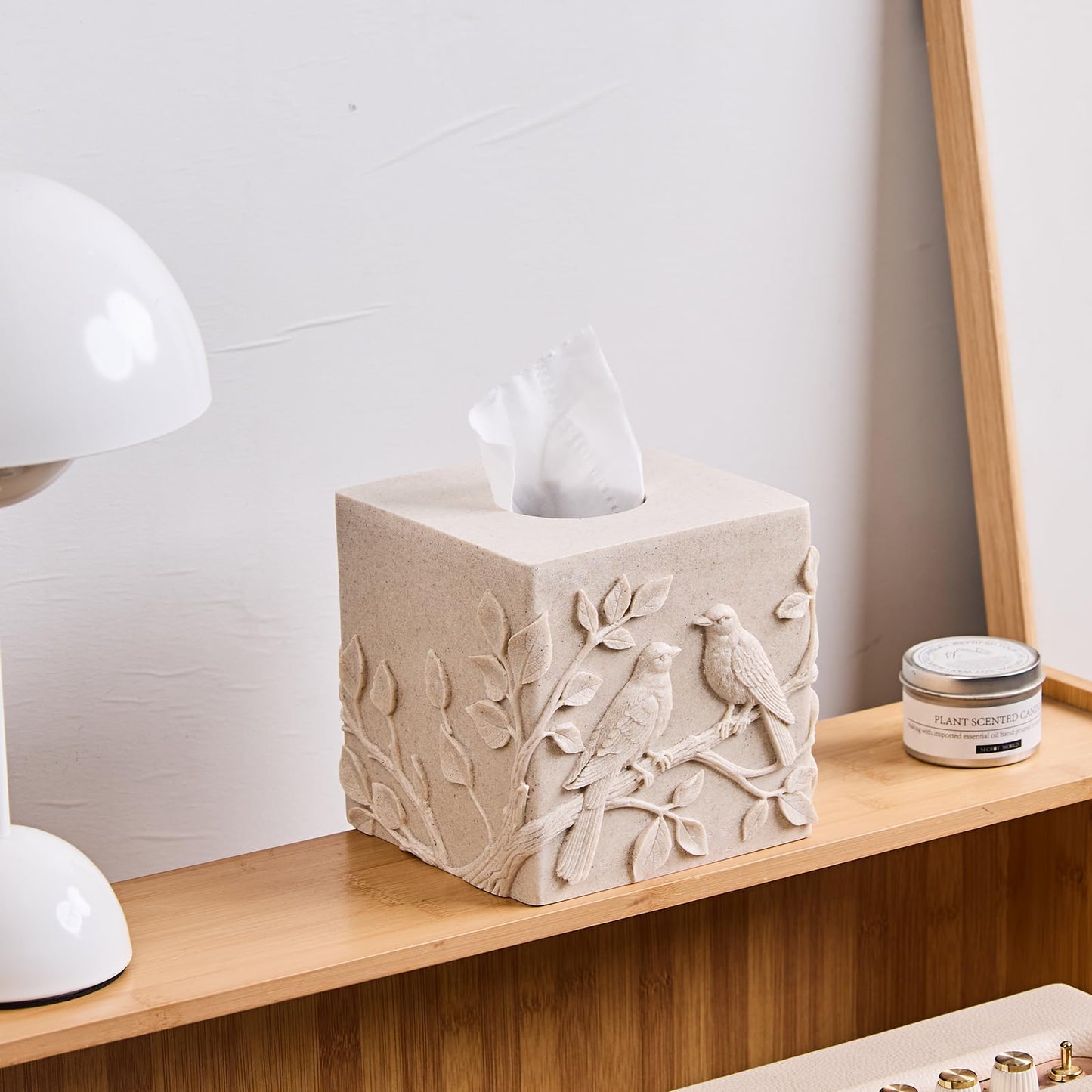 Beige Sandstone Relief Birds Square Tissue Box Cover Decorative,Resin Heavy Sturdy Tissue Box Holder, Facial Paper Holder for Bathroom Vanity Countertop, Bedroom Night Stand,Office and End Table