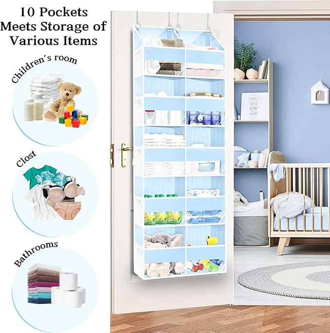 Blue Over the Door Organizer 5 Tiers, Extra Large Behind Door Storage of 10