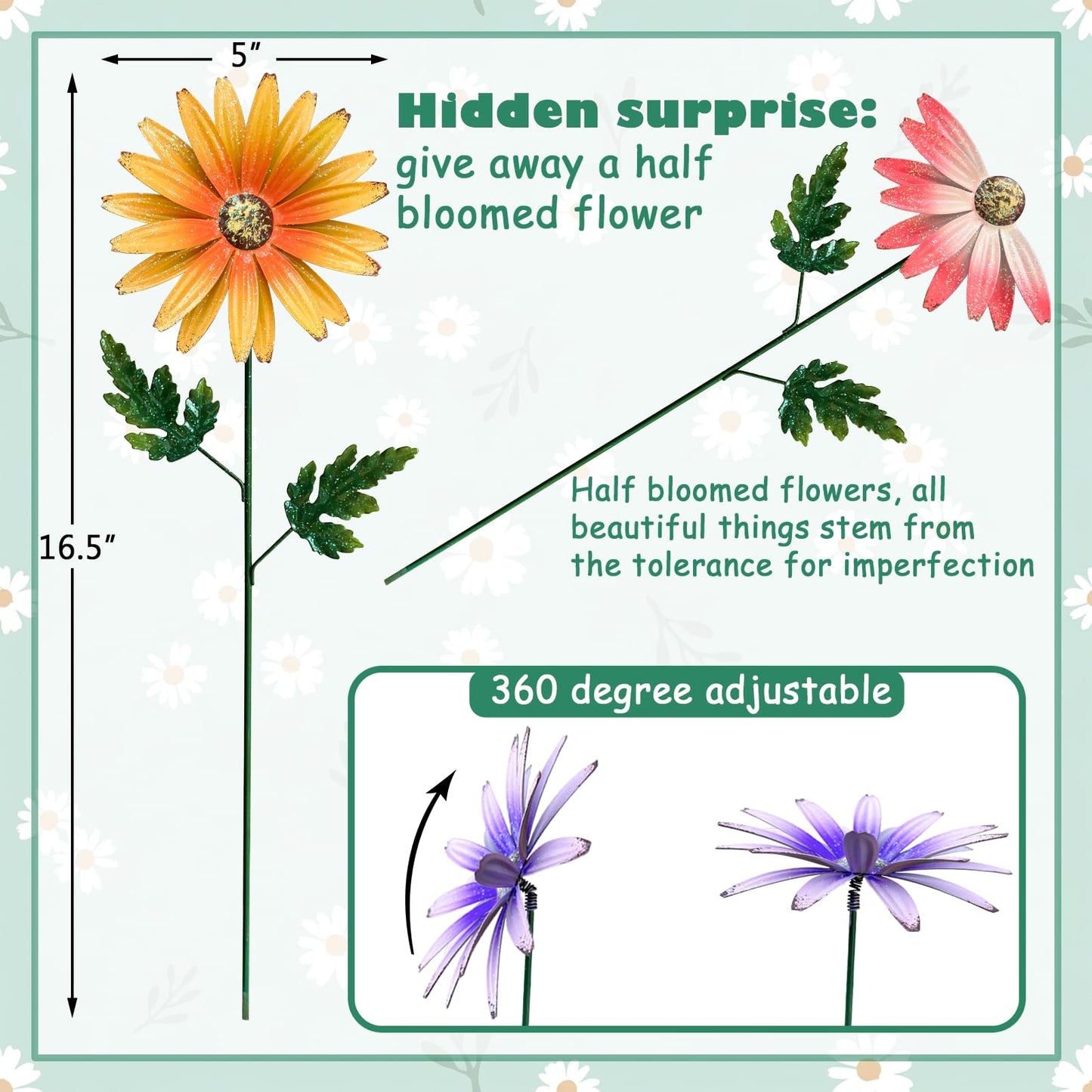 WKHOMEDECO Metal Flowers for Outside, 4 Pack Decorative Garden Stakes with Spring Design, 16.5 Inch Handmade Iron Outdoor Metal Garden Decor, Flickering Daisy Yard Art for Patio Lawn