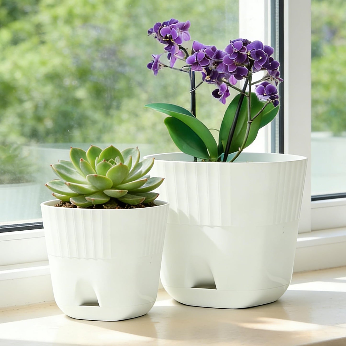 Gidary White Plastic Plant Pots, 6/4.7 Inch 2 Pack, Modern Planters with Drainage Holes and Trays for Indoor Plants, Succulents, Orchids, Herbs