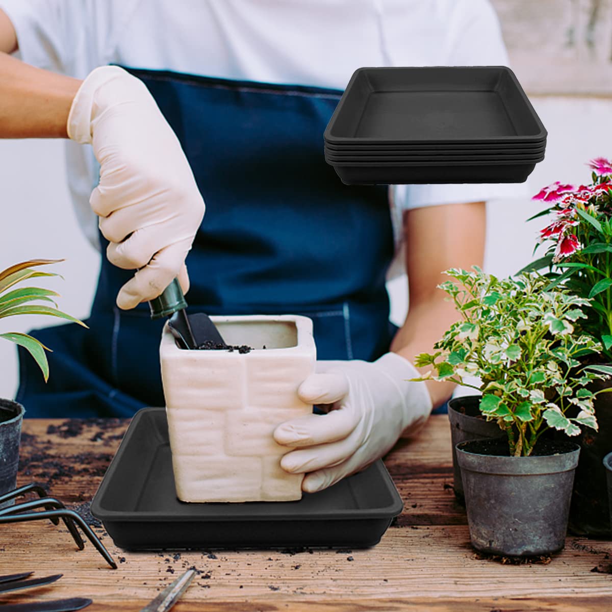 LNQ LUNIQI 10 PCS Square Plastic Plant Saucer 8 Inch Flower Pot Bottom Seat Flower Pot Tray Thick Plastic Drip Tray for Garden Potted Water Drips and Soil （Black）