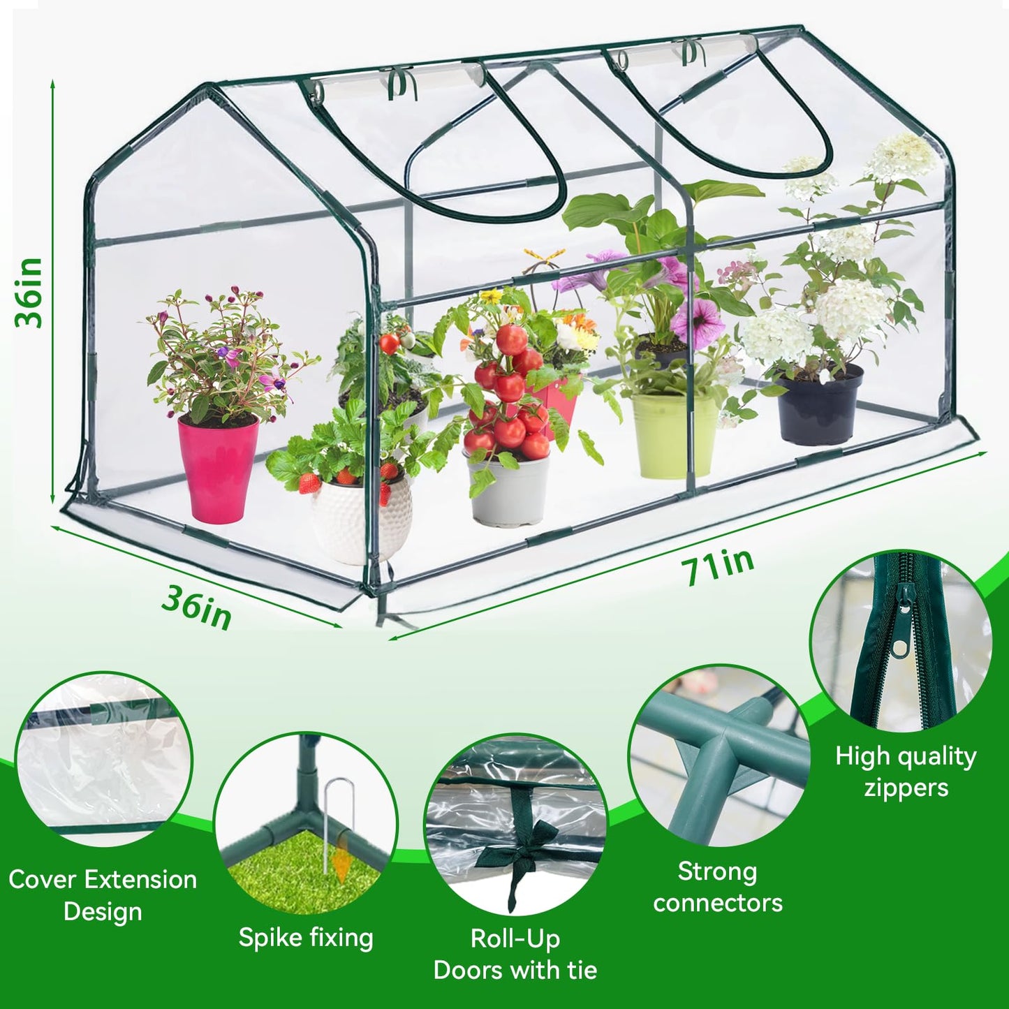 KBOROVER Mini Greenhouse for Outdoor,Portable Small Tunnel Greenhouses for Outdoors with Roll up Zipper Door for Gardening Plant,UV Waterproof Cover with 8 Ground Stakes (Clear, 71" x 36" x 36")