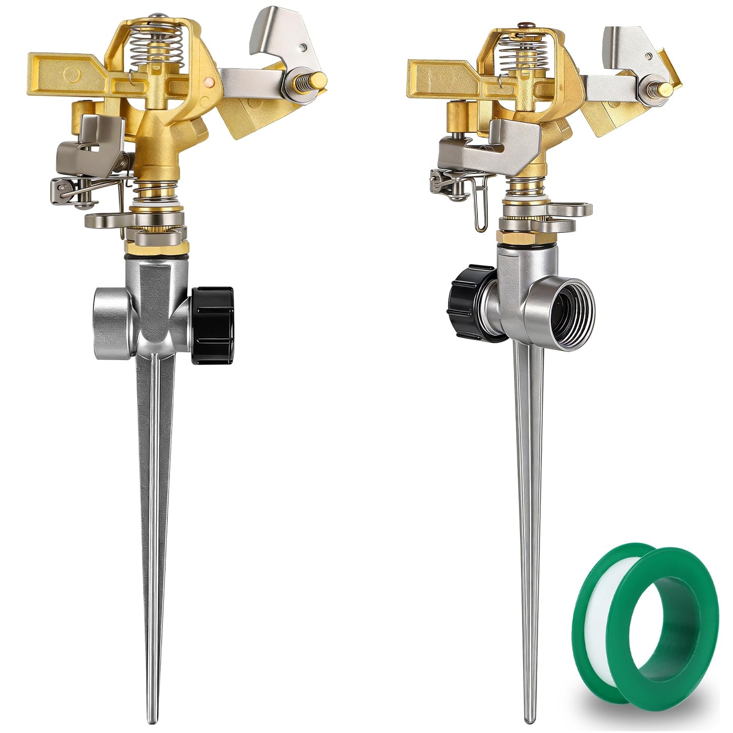 Triumpeek 2 Packs Impact Sprinkler on Spike Base, Heavy Duty Brass Water Sprinkler Head with Aluminum Alloy Stand, Adjustable 360 Degree Large Area Irrigation Sprinkler for Yard Lawn Patio Garden