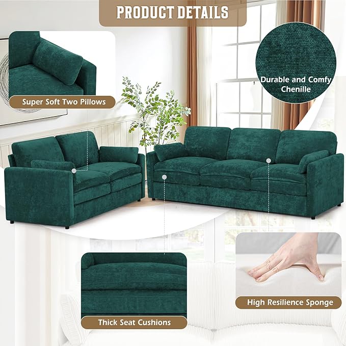 Classic Chenille Sofa Set with 2 Extra Armrest Pillows, Loveseat and 3-Seat