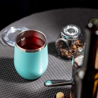 COMOOO Wine Tumbler 12oz Insulated Wine Cup Set of 4 with Lid and Straw Stainless Steel Wine Glass Tumbler Stemless for Hot and Cold Drinks, Champagne, Cocktails (Blue, 4 Pack)