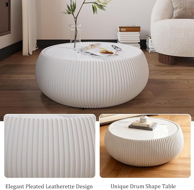 SSLine Round Drum Coffee Table Modern Sintered Stone Top Coffee Table in Cream