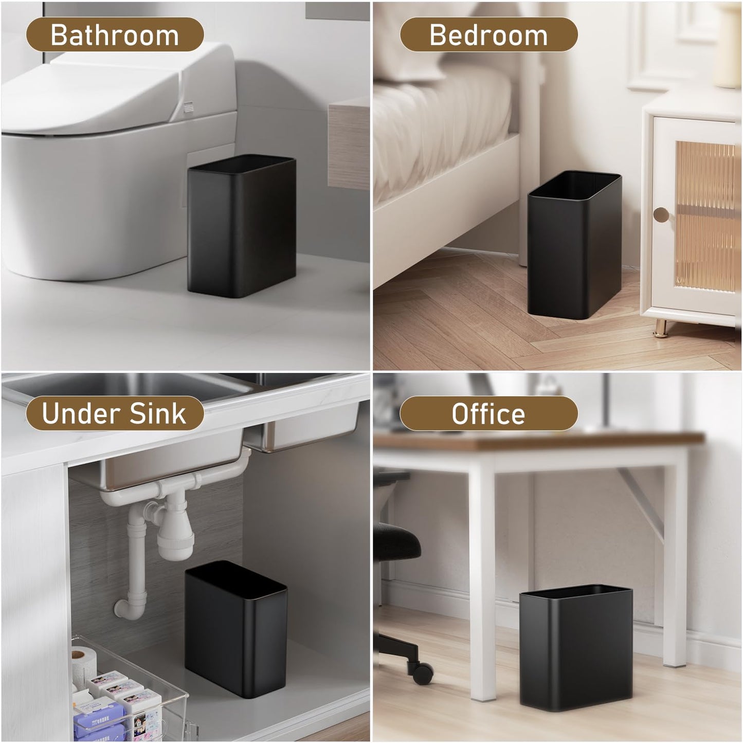 Veelesa Small Bathroom Trash Can 2.4 Gallon Wastebasket, Slim Metal Garbage Can Matte Black Stainless Steel Trash Bin for Bedroom,Office,Kitchen,Toilet, rv, Near Desk, Under Sink