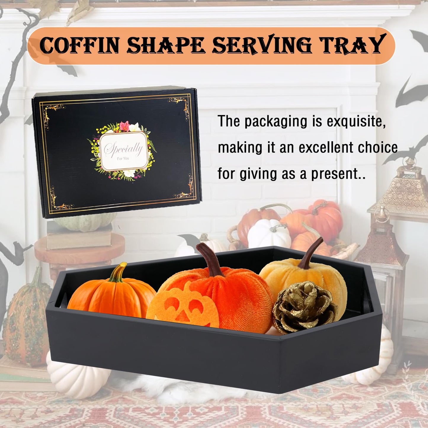 Wooden Serving Tray Coffin Tray Decorative Serving Tray-Black Spooky Gothic Home Decor for Party