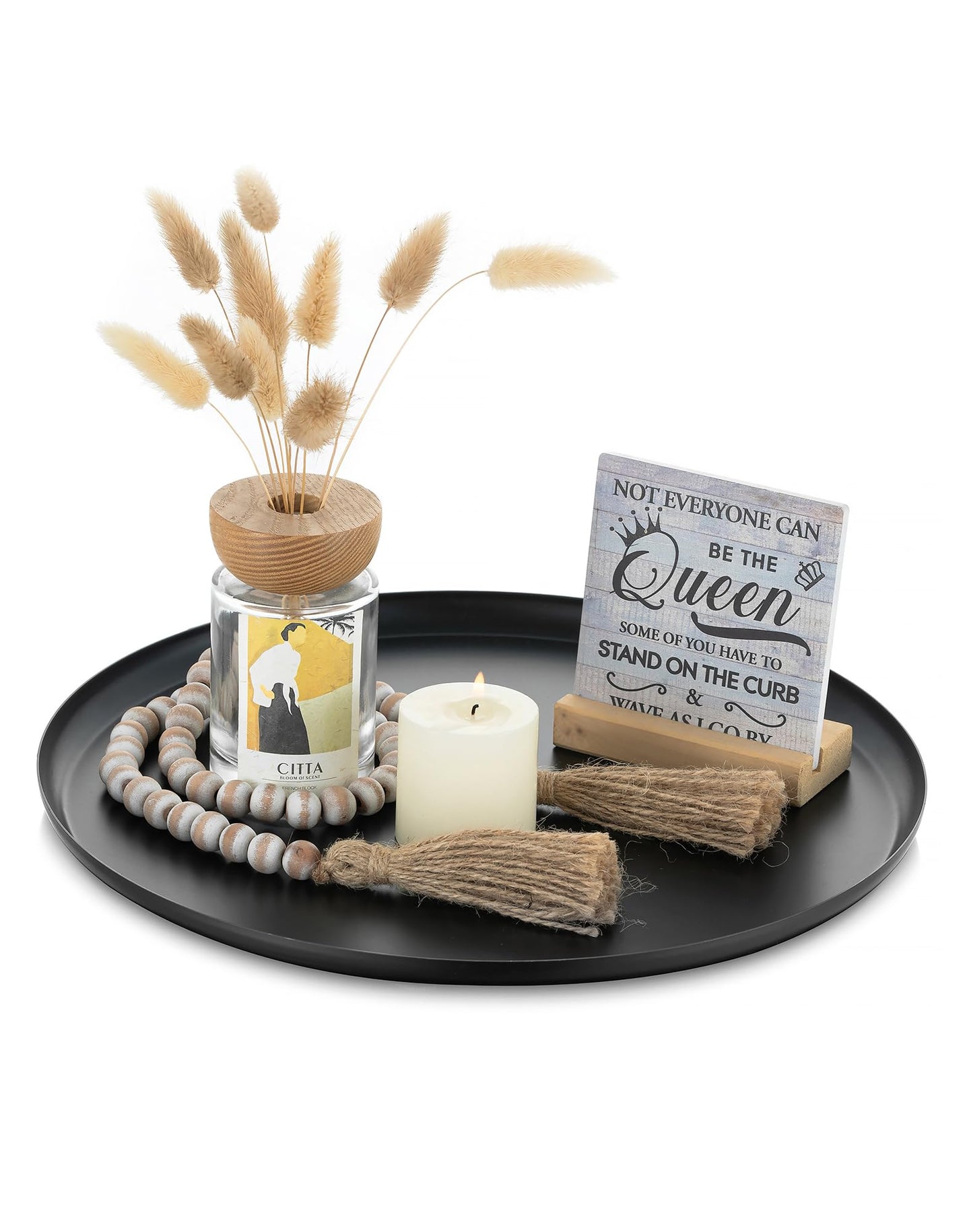 Romadedi Black Round Decorative Tray: Metal Candle Trays Decor for Coffee Table Centerpiece Large Modern Serving Tray for Kitchen Counter Farmhouse Home Decorations, 12.6 Inch