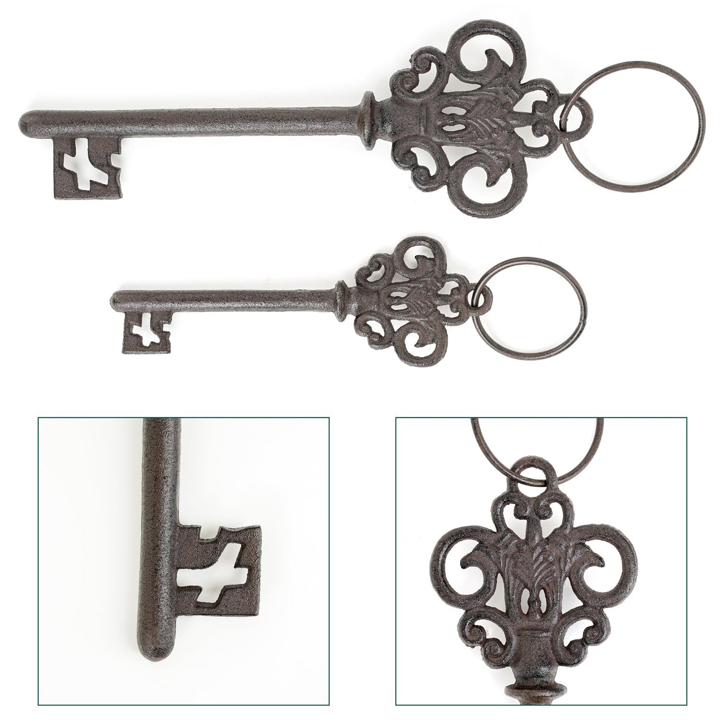 Sungmor Cast Iron Skeleton Keys, Set of 2 Large Old Fashioned, Decorative Wrought Iron Wall Art, Home Garden Farmhouse Halloween Decor, Rustic Brown