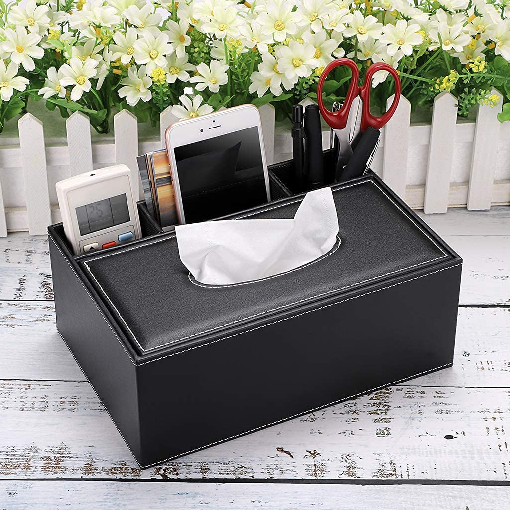 PU Leather Tissue Box Cover - Multifunctional Tissue Box Holder with Stationery Remote Control Box - Elegant and Stylish Home Napkin Holder Desktop Tissue Paper Holder Desk Storage Organizer (Black)