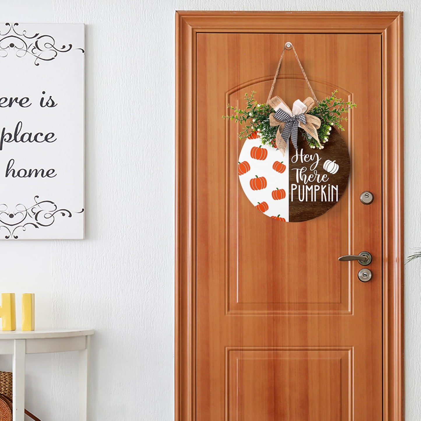 Hey There Pumpkin Front Door Sign 12"x12" Welcome Fall Door Hanger Autumn Thanksgiving Sign Farmhouse Fall Decorations Hanging Porch Sign Rustic Autumn Outdoor Plaques Wall Art Sign for Home