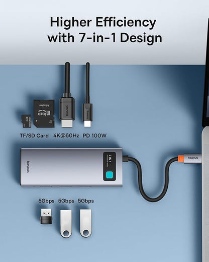 Baseus USB C to HDMI Adapter, 4K@60Hz USB C Docking Station, 7 in 1 USB C Hub with 3 USB-A, PD 100W, TF/SD Card Reader, Compatible for iPhone 15/Mac/Dell/Acer/HP/ASUS/Steam Deck/Rog Ally