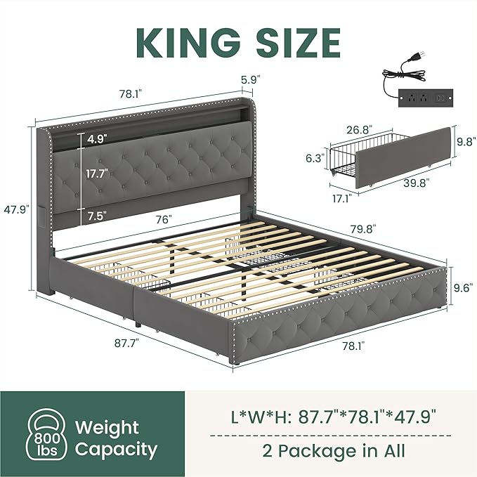 LARMACE King Bed Frame with 4 Storage Drawers and USB Charging Station Velvet