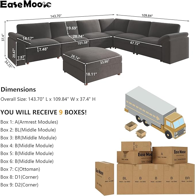 EASE MOOSE Oversized Sectional Modular Sofa, Large L Shape Sectional Couch Wide