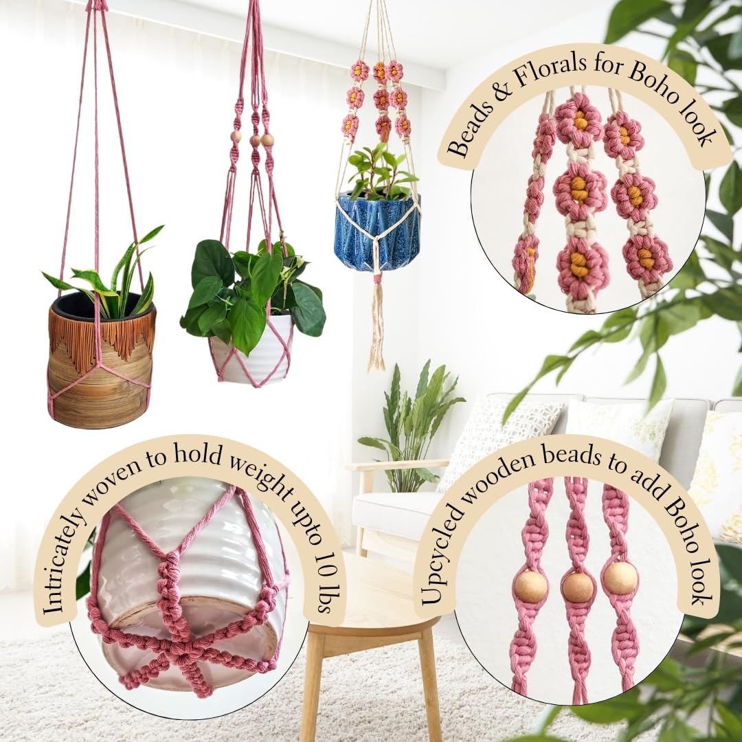Set of 3 Macrame plant hangers with Daisies & Beads Hanging plant holder Macrame Plant hangers outdoor and indoor hanging planters Plant stand indoor Boho Decor hanging planter stand (Champagne Pink)