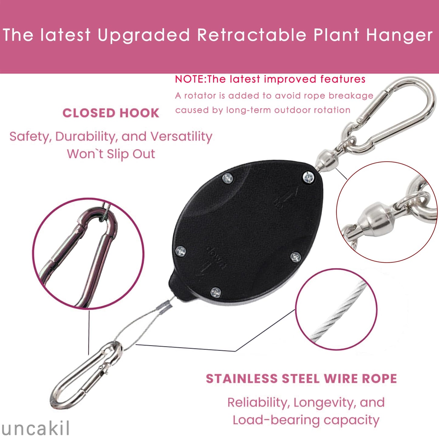 uncakil 2024 Plant Pulleys for Hanging Plants Heavy Duty,Upgraded Retractable Plant Hanger,Auto Raise and Pull Down,Outdoor Plant Pulley Set for Garden Baskets Pots,Birds Feeder(2*Black)