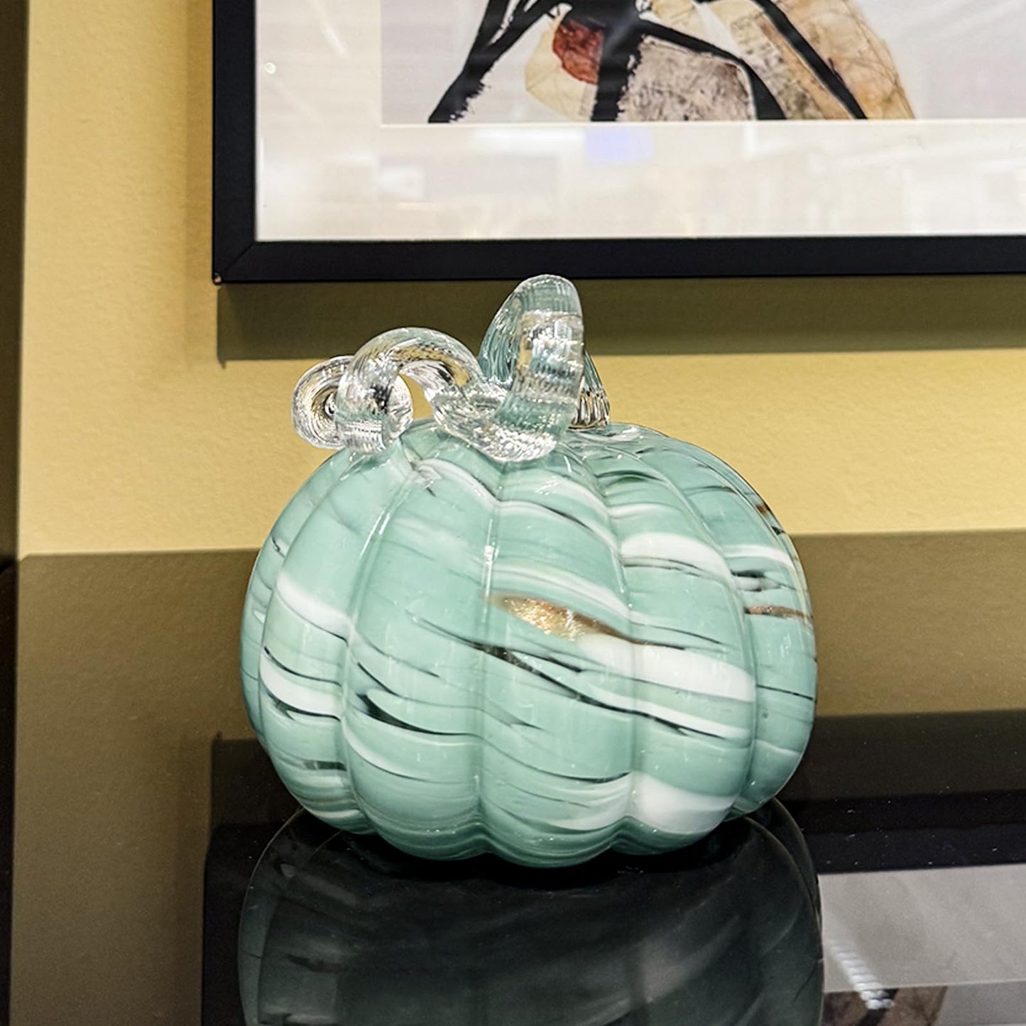 ORRFIDDY 5.1" Hand-Blown Glass Pumpkin Halloween Decor Fall Home Figurines Collectible Harvest Thanksgiving Wedding & Autumn Mantel Decorations Paperweight Tabletop Ornaments(Green)