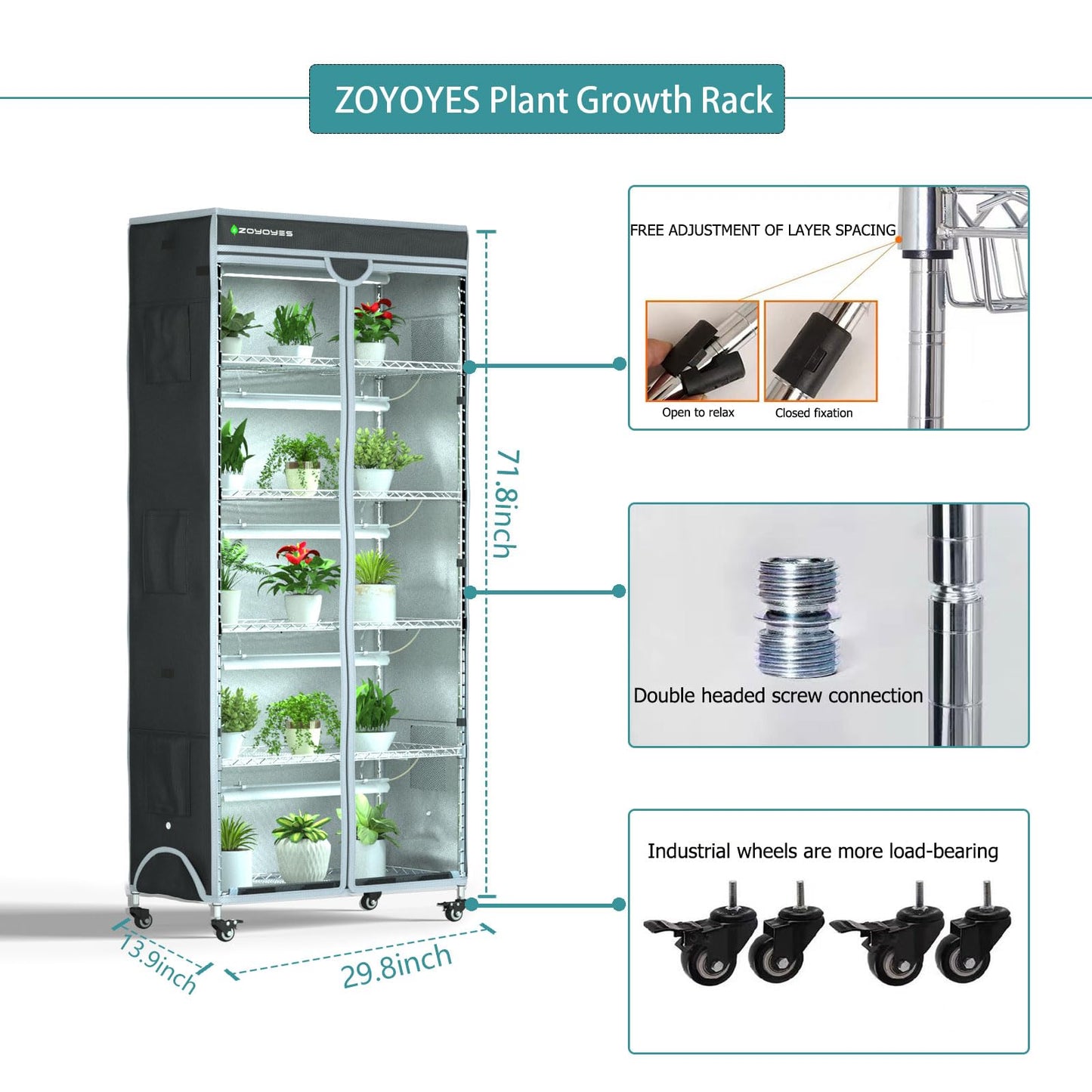 ZOYOYES Indoor Greenhouse 6-Tier Plant Rack with Cover, 5 T8 Grow Lights, Thermometer & Timer – Seedlings, Flowering, Herbs & Vegetables, Indoor Gardening, Easy Assembly 30" W x 14" D x 72" H