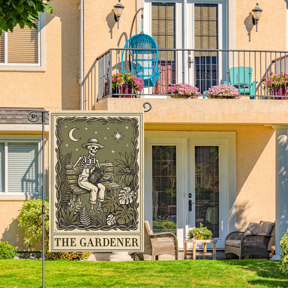 SRWNFOS The Gardener Garden Flags for Outside, Gothic Garden Flag for Plant Lover, Spooky Yard Banner for Gardener, Funny Skeleton Planting Lawn Yard Sign Decor, Halloween Gifts for Family Friends