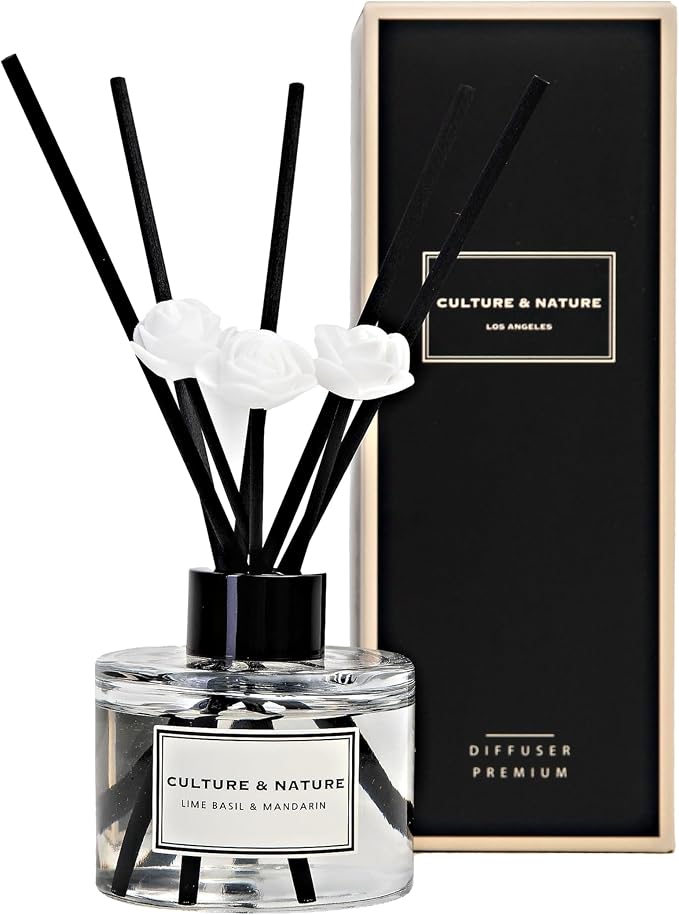 CULTURE & NATURE Reed Diffuser Set 4oz (120ml) Lime Basil & Mandarin Scented Diffuser with Sticks Home Fragrance Reed Diffuser for Bathroom Shelf Decor